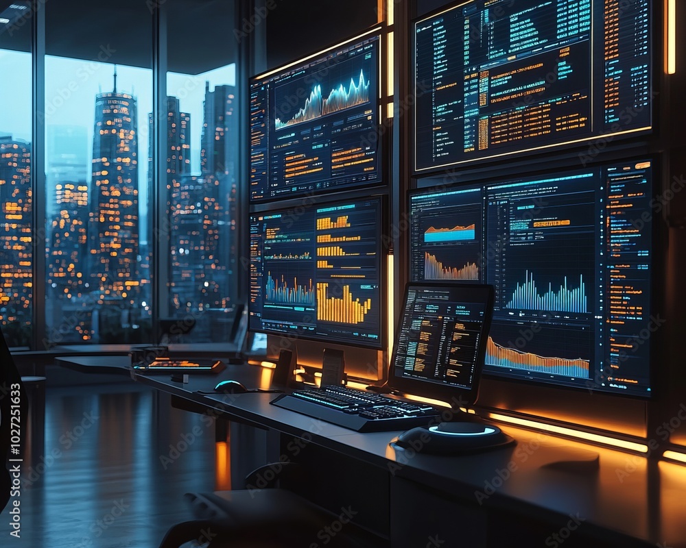 Sticker Modern office with a cityscape view and multiple monitors displaying data.