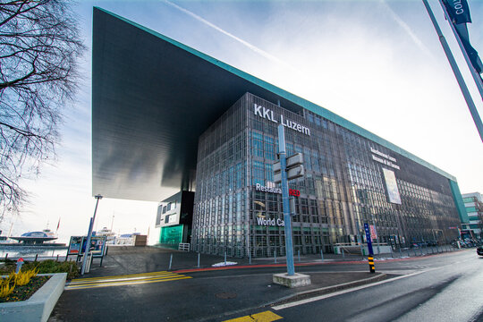KKL Luzern (Culture and Congress Centre Lucerne) is a multi-functional building with concert hall in Lucerne. Built in 1998 and designed by architect Jean Nouvel in LUCERNE, SWITZERLAND o JAN 28, 2017
