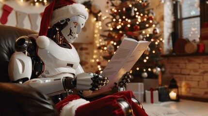 A robot is sitting in a chair reading a book