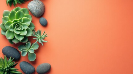 Succulents and Stones on a Coral Background
