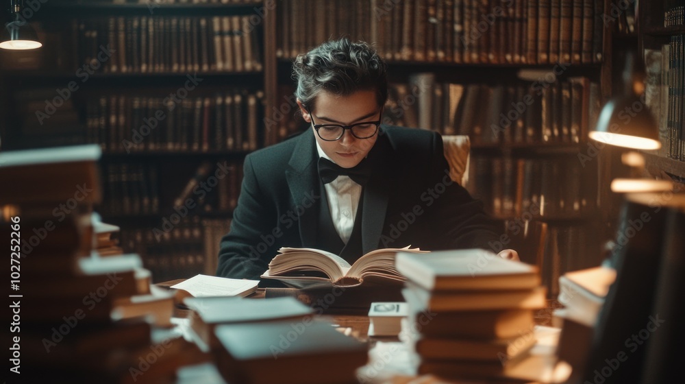 Poster A Young Man in a Suit Reads a Book in a Library Surrounded by Bookshelves