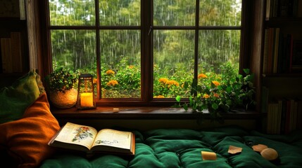 Fototapeta premium Cozy window seat with a book, lit by a lantern, overlooking a rainy garden.