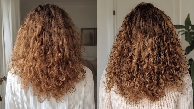 Side-by-side view of curly hair pre-treatment, showing dry and frizzy strands, and post-honey treatment with bouncy, well-defined curls