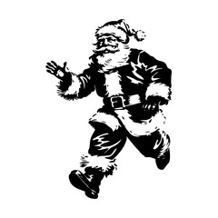 Fototapeta premium Silhouette of a cheerful Santa Claus running with a raised hand. Black and white graphic style on a white background. Concept of holiday cheer