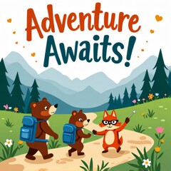 Fototapeta premium Adventure Awaits! Hiking Friends Cartoon Illustration