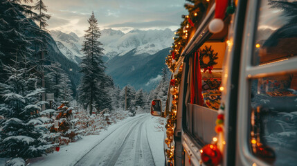 An adventurous Christmas road trip with a decorated camper van, holiday decor inside, and snow-covered mountains in the background