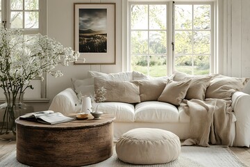 Cozy living room with neutral tones and natural light.