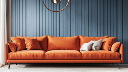 Modern living room with orange sofa, blue panels. Soft lighting. 3D render. High res.