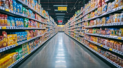 Empty aisle in a supermarket with shelves stocked with goods.