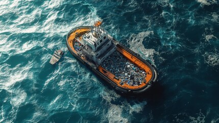Fototapeta premium An ocean cleanup vessel collecting waste from the water, symbolizing advanced environmental technologies