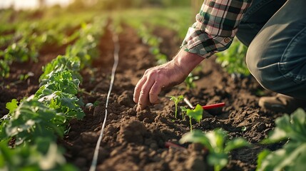 Close up of senior farmers hands measuring soil with a ruler