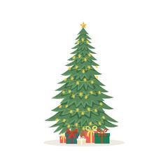 Christmas tree with presents isolated on white background. Decorations with balls and garlands. Vector illustration. For New Year cards, banners, posters.