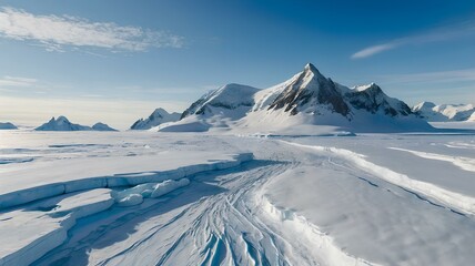 Obraz premium Fly over snow covered arctic winter landscape, towering mountains in background. Aerial view of frozen Antarctica panorama under blue sky in sunny day. Polar frozen ocean.