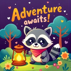 Fototapeta premium Kawaii Raccoon Camping Adventure T-Shirt Design