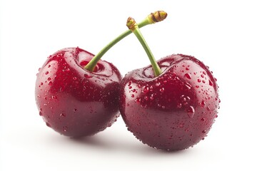 Two ripe red cherries with water droplets on a white background.