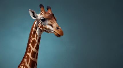 Fototapeta premium Portrait of a giraffe on a blue background, copy space