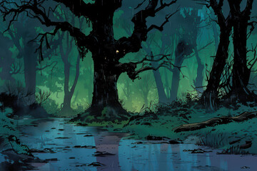 Foggy Swamp Path Under Moonlight