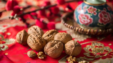 Fototapeta premium Nuts in the background of red couplets of spring festival