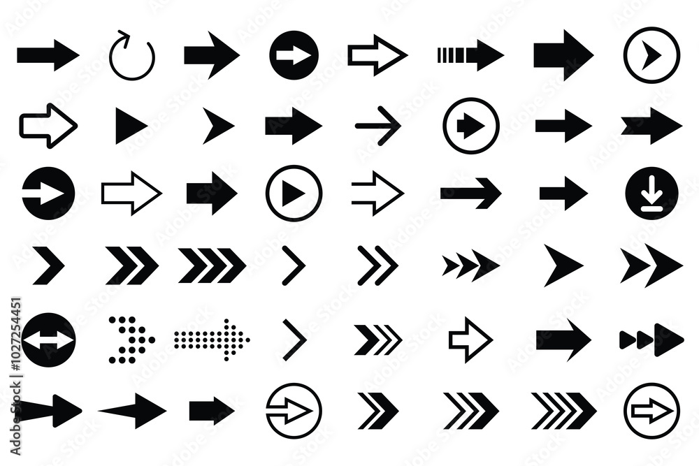 Poster set of arrows. arrow icons set. arrow cursor. vector set of various black arrows. different cursor a