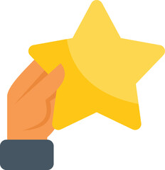 Hand is holding a big golden star, giving feedback and rating a service