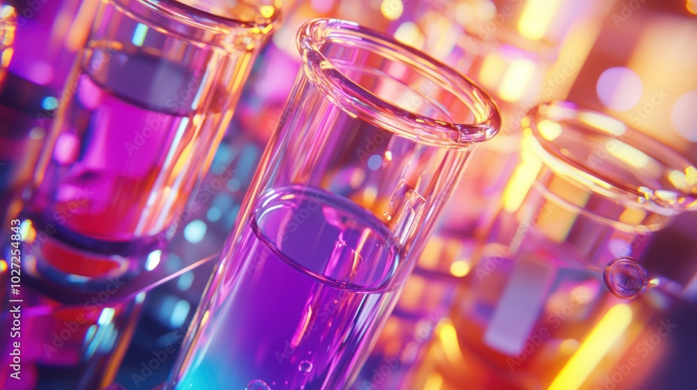 Poster close-up of glass test tubes with colorful liquid and bokeh lights