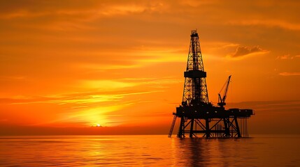Obraz premium Oil rig silhouette over orange sky