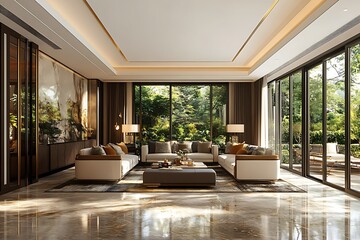 Elegant modern living room with large windows and greenery.