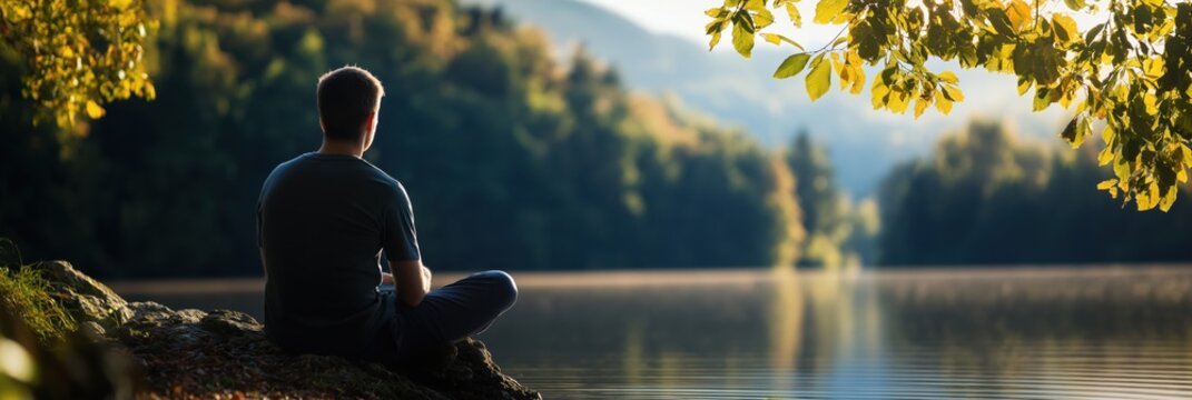 A person is meditating in a peaceful location beside a tranquil lake during sunrise, surrounded by nature, evoking a sense of calm and reflection.
