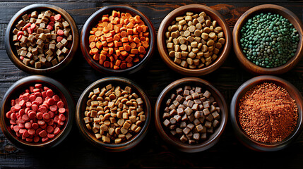  bowls full of dry dog food sitting on a wooden surface