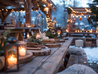 An outdoor New Year celebration with rustic decorations, lanterns, and natural elements, creating a warm, festive atmosphere