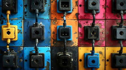 Old and damaged electric adapter power plug has many appliances are plugged outlet socket concept of risk danger overloaded current electrical overloaded power plugs close up