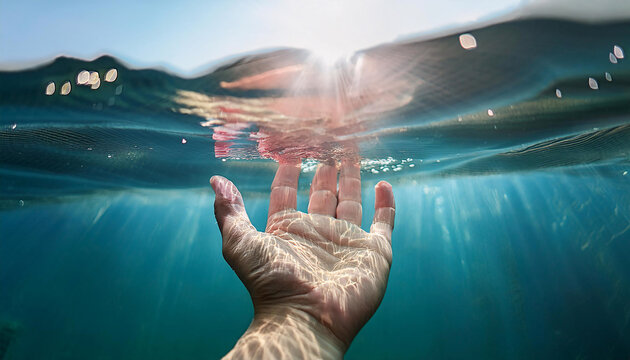 Hand Submerged in Water with Dancing Light Patterns