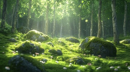 Sunlit Forest Floor with Mossy Rocks and Mushrooms