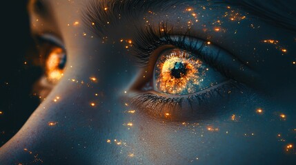 Two eyes glowing with holy light and fire peer into the deep cosmos at stars of many colors. Rule of thirds. Cinematic camera angle.