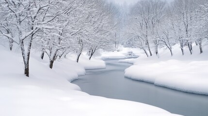 Fototapeta premium Serene Winter River Landscape with Snow-Covered Trees and Tranquil Waters