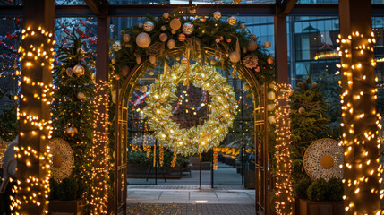 Obraz premium An outdoor space with luxury holiday decorations, including a giant, ornate wreath, twinkling lights, and crystal garlands