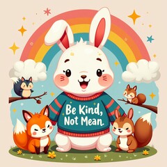 Kawaii Bunny & Friends T-Shirt Design: Be Kind, Not Mean