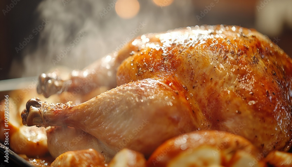 Poster Roasted chicken with potatoes in a baking dish.