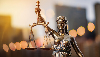 Lady Justice with Soft Bokeh City Lights in the Background