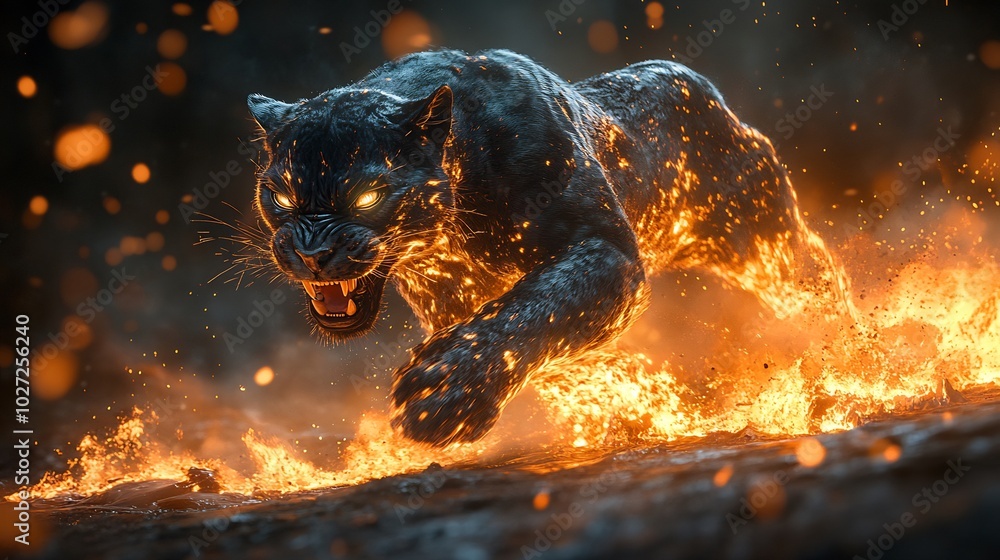 Poster midstride black panther roars as it emerges from a river of lava glowing lava cascading from its bod