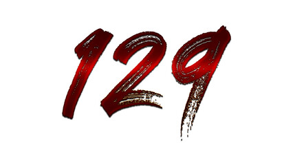 3D blood red number design of 129 on white background.
