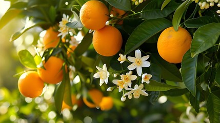 Naklejka premium Orange tree with blossoms and clusters of juicy harvest ready oranges