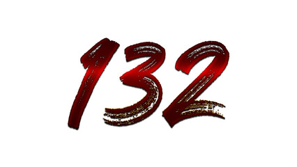 3D blood red number design of 132 on white background.