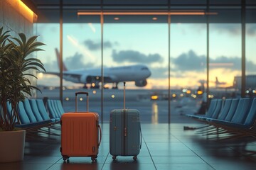 Two suitcases stand in an airport terminal waiting area with a plane in the background.