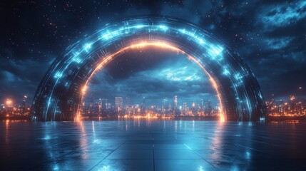 Futuristic Cityscape with a Glowing Portal in the Night Sky