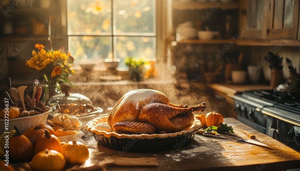 Sticker Roasted turkey on a table with pumpkins and other side dishes.