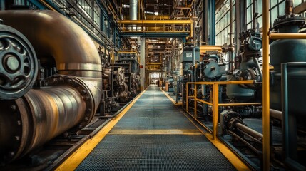 Industrial interior with machinery and yellow safety railings.