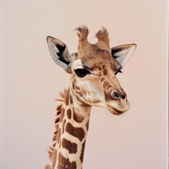Obraz premium A curious giraffe gazes into the lens against a soft-toned backdrop, its gentle expression and unique markings highlighting its majestic beauty.