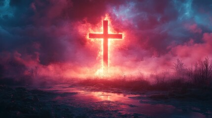 Obraz premium Majestic cross glowing against a dramatic sunset sky, spiritual symbolism in nature, vibrant colors, peaceful religious scene, hope and faith, serene landscape at dusk