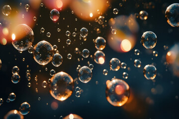 Processed collage of soap bubbles on sunset. Background for banner, backdrop or texture